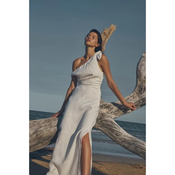 SIR. Bettina Tie Midi Dress in Ivory XSmall New Womens Linen Off the Shoulder - Picture 13 of 16